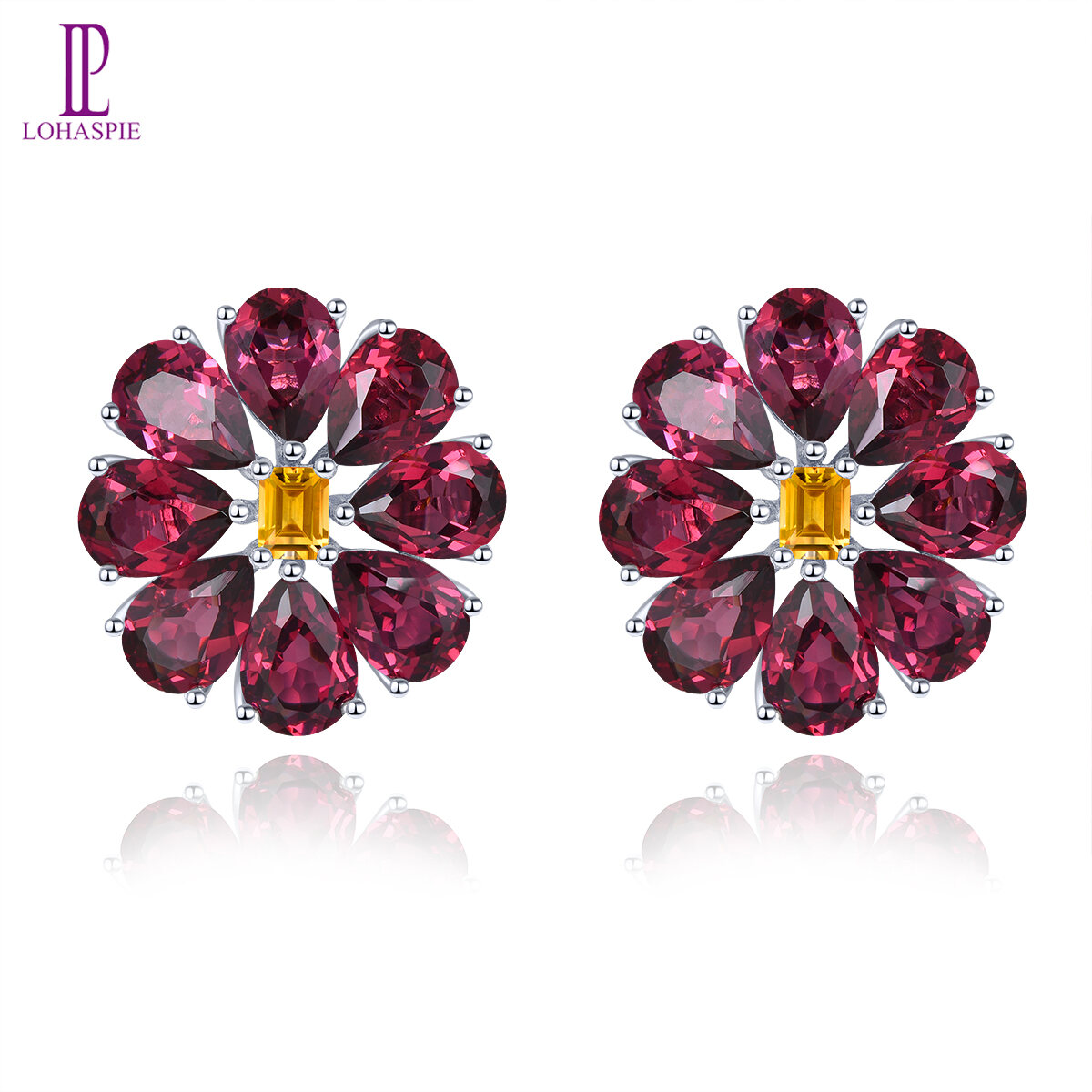 Lohaspie Jewelry Genuine 14 Carats Citrine Stone Original Stud Earring Silver 925 Natural Gemstone Jewellery Natural Rhodolite Rose Garnet Earring For Women Jewelry