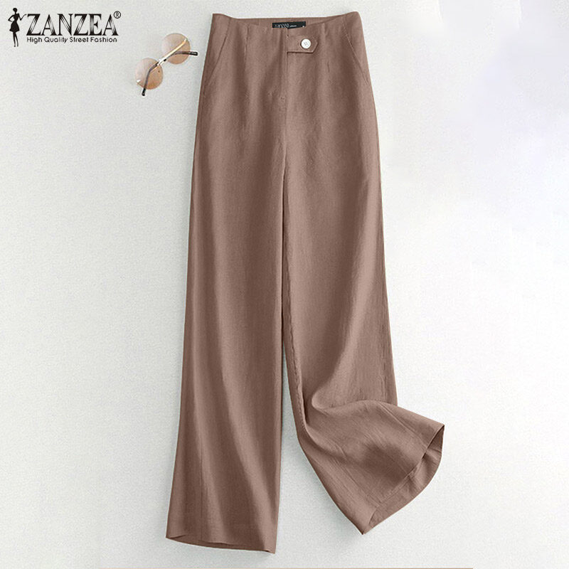 ZANZEA Women Vintage Cotton Side Pockets Trousers Casual Loose Plain Front Zipper Straight Pants #2